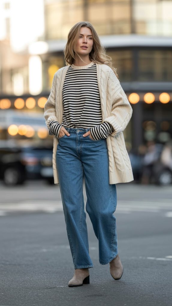 Striped Shirt with Wide Leg Jeans and Jumper