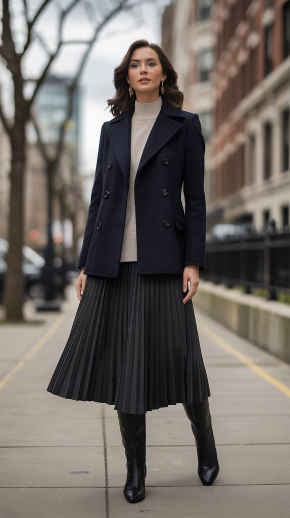 Structured Peacoat Mock Neck Top Pleated Midi Skirt