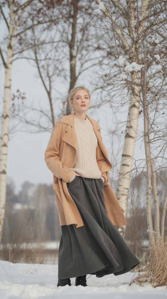 Suede Jacket with Jumper and Maxi Skirt
