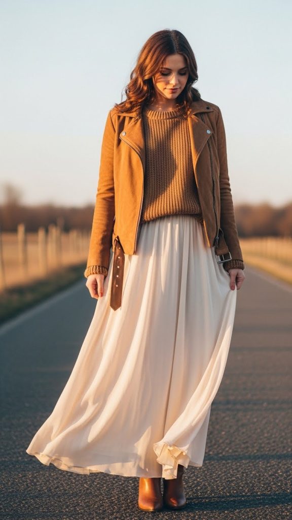 Suede Jacket with Jumper and Maxi Skirt