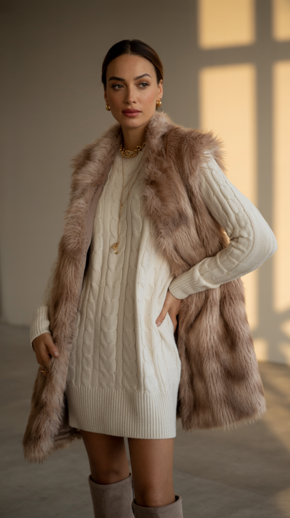 Sweater Dress with Faux Fur Vest 1