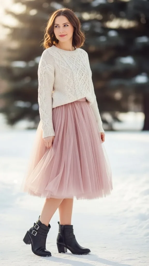 Sweater with Tulle Skirt and Ankle Boots