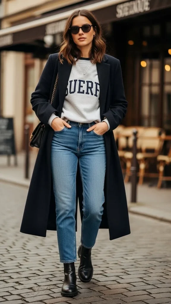Sweatshirt with Tailored Coat and Straight Jeans