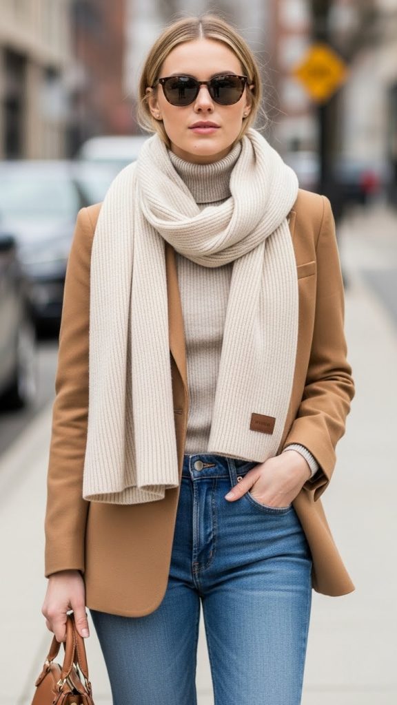 Tailored Blazer with Cashmere Scarf and Jeans