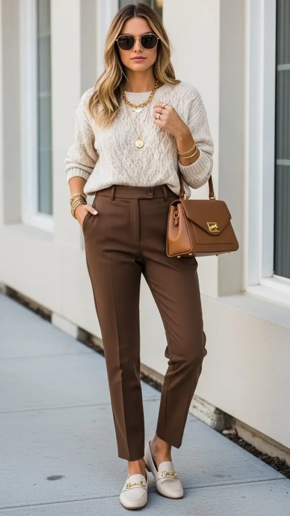 Tailored Brown Pants with a Cream Knit Top and Loafers