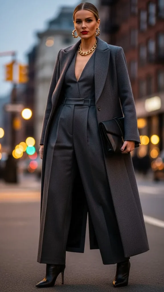 Tailored Jumpsuit with Long Wool Coat and Heeled Boots