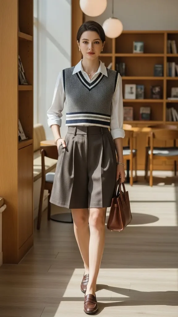 Tailored Shorts Outfit with Cropped Knit Vest