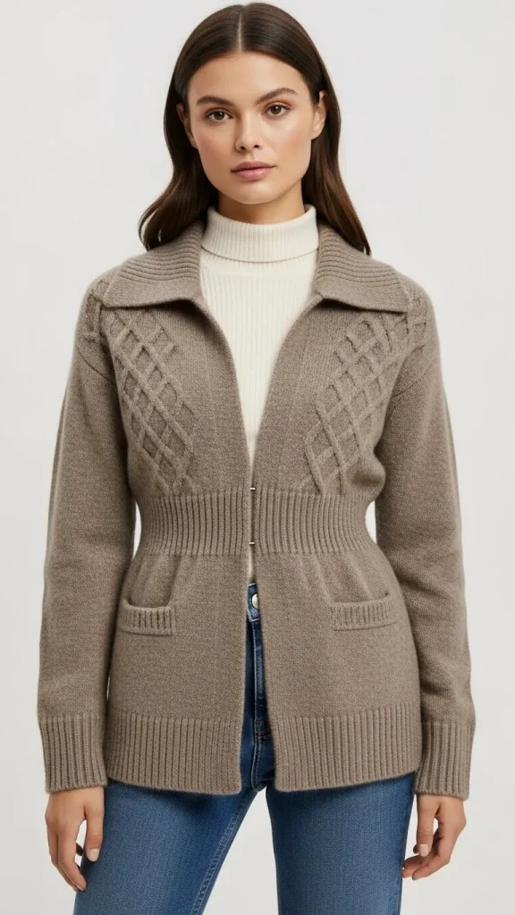 Taupe Collared Waist Detail Knitted Cardigan