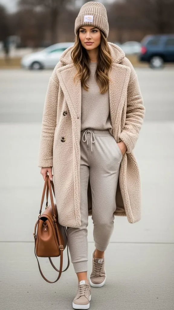Teddy Coat with Neutral Joggers and Beanie