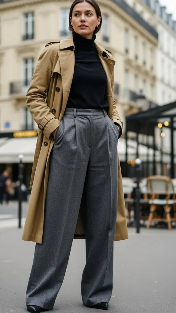 Trench Coat over a Turtleneck and Wide Leg Trousers