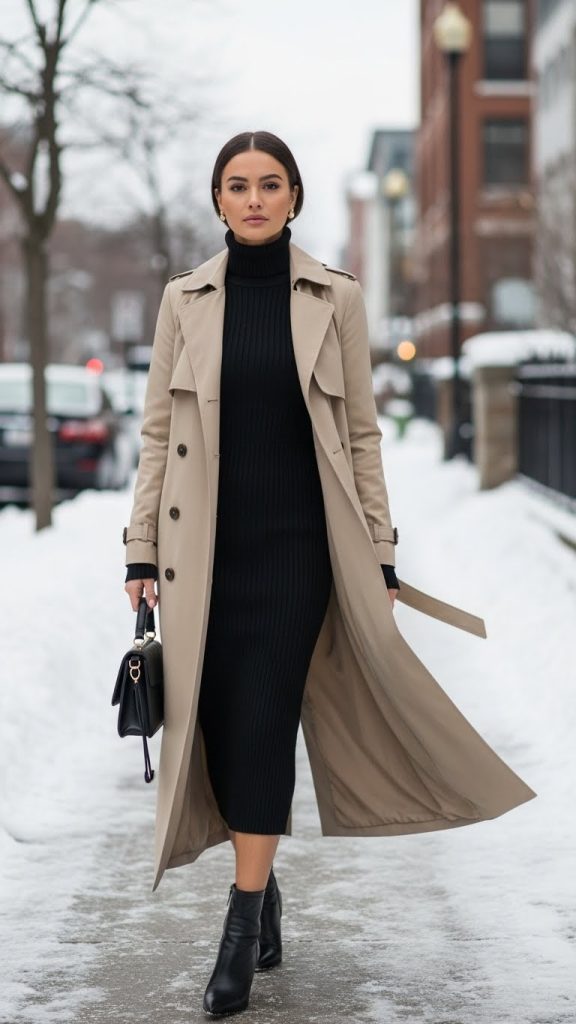 Turtleneck Dress with Long Trench Coat
