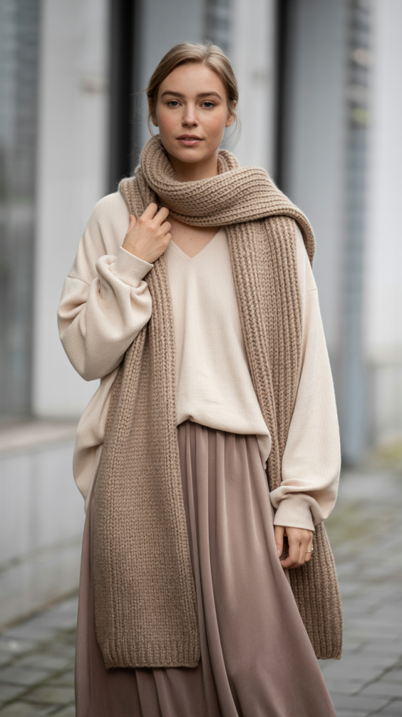 V Neck Jumper with Knit Scarf and Midi Skirt