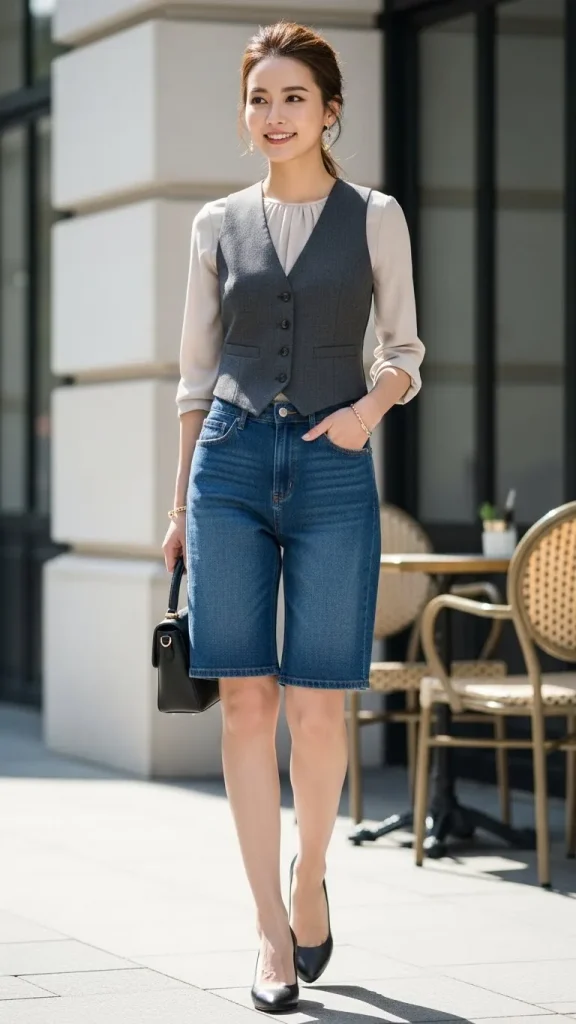 Waistcoat with Denim Shorts and Court Shoes