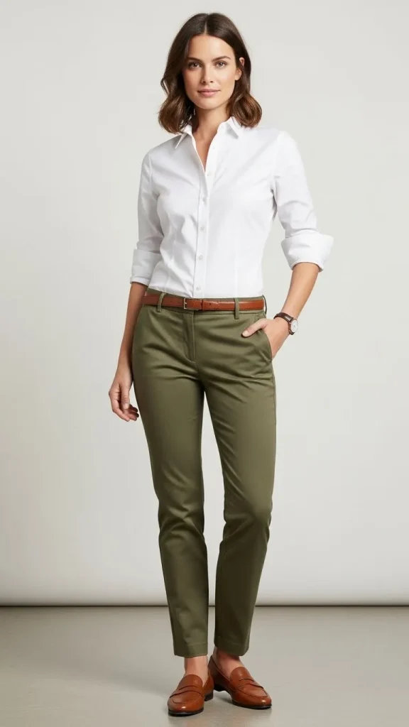 White Button Down with Olive Trousers and Brown Loafers