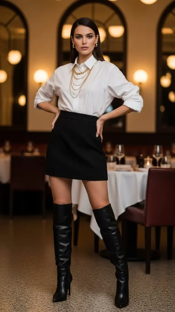 White Button Up with a Black Mini Skirt and Knee Boots
