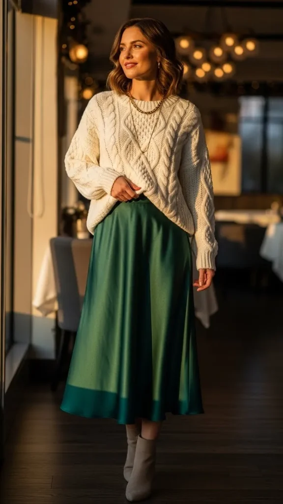 White Cable Knit Sweater with Satin Midi Skirt