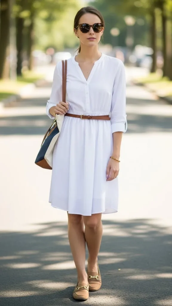 White Dress Outfit with a Brown Belt and Tan Loafers