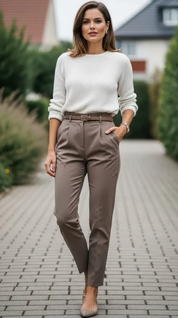White Knit Top with High Waisted Taupe Trousers and Pointed Flats