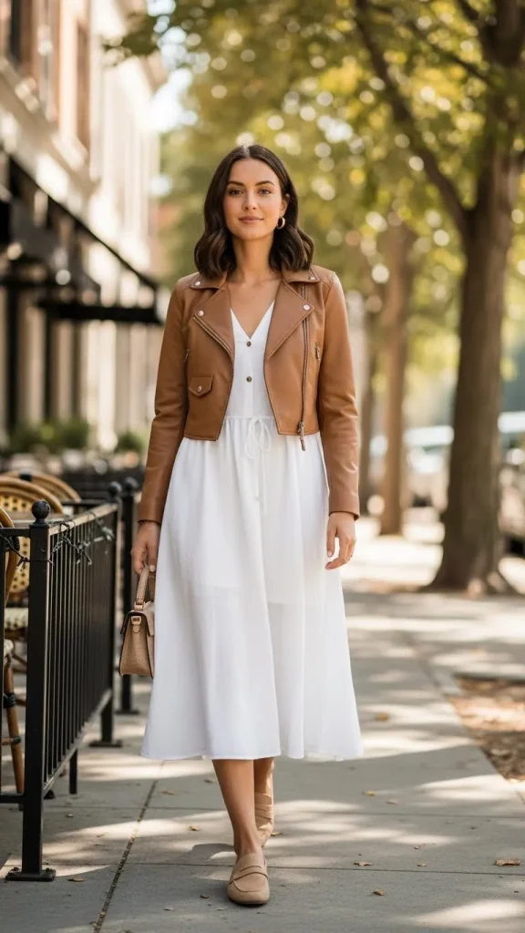 White Linen Midi Dress with a Light Brown Leather Jacket and Loafers
