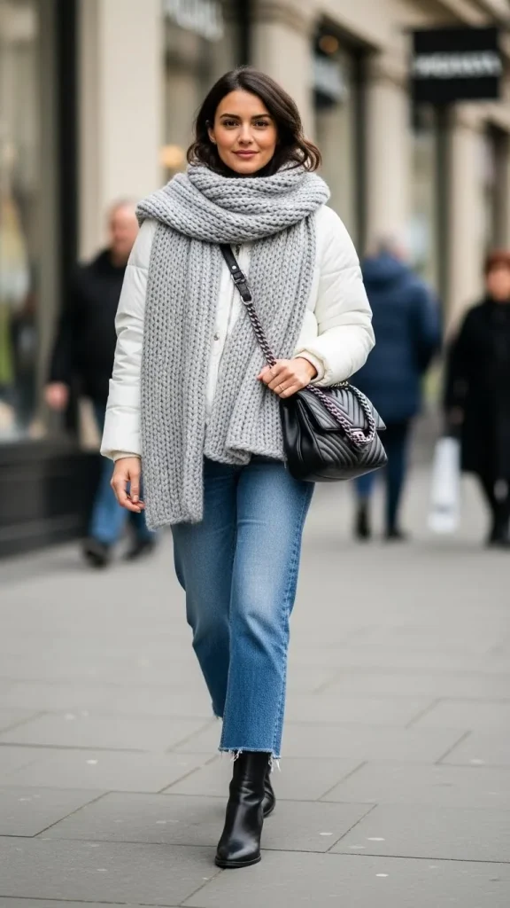White Puffer Jacket with Jeans and Chunky Scarf