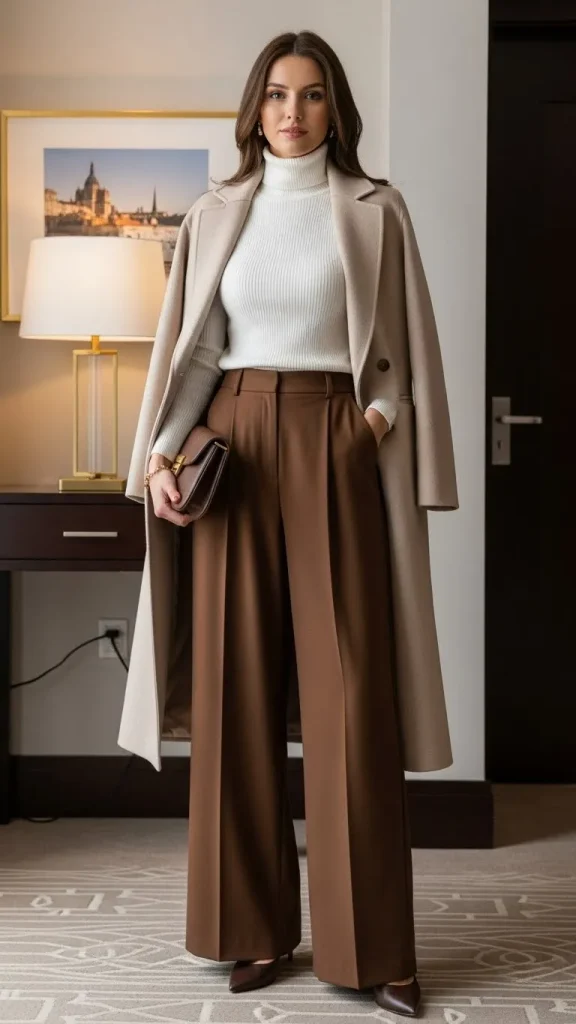 White Turtleneck with Brown Wide Leg Pants and a Longline Coat