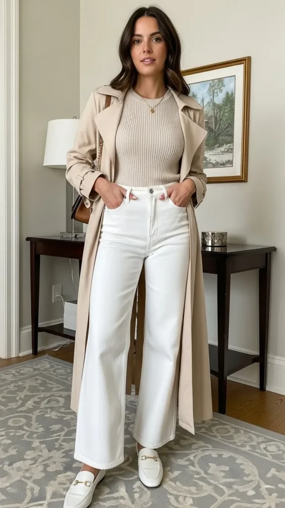 White Wide Leg Jeans with a Ribbed Tank and Long Trench