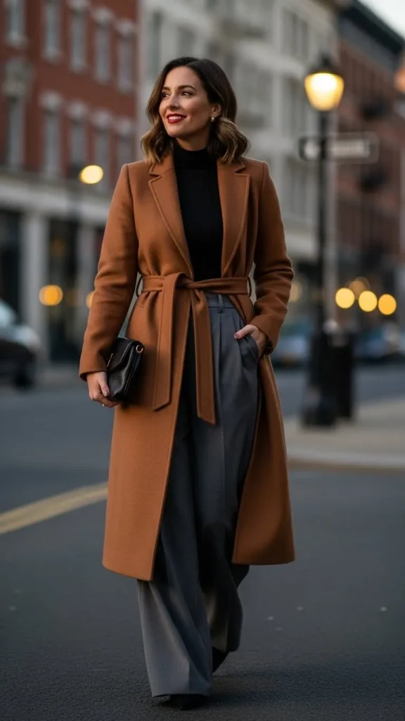 Wide Leg Trousers with a Fitted Turtleneck and Belted Coat