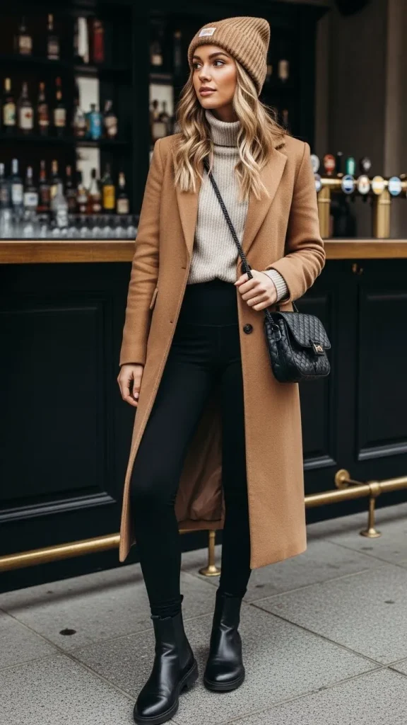 Winter Leggings Outfit with Long Wool Coat