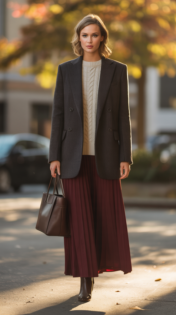 Wool Blazer with Knit Top and Maxi Skirt