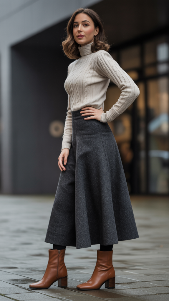 Wool Midi Skirt with Fitted Sweater and Ankle Boots