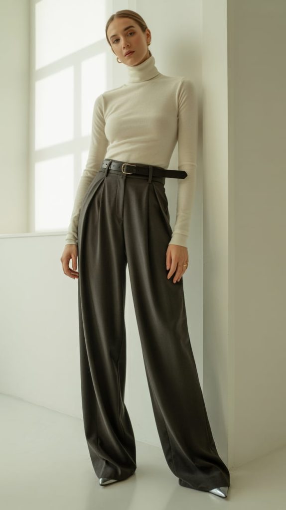 Wool Turtleneck with Wide Leg Pants and Belt