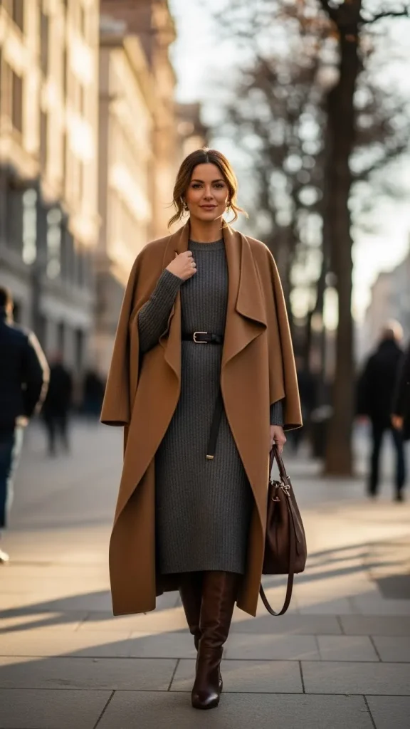 Wool Wrap Coat with Belted Knit Dress