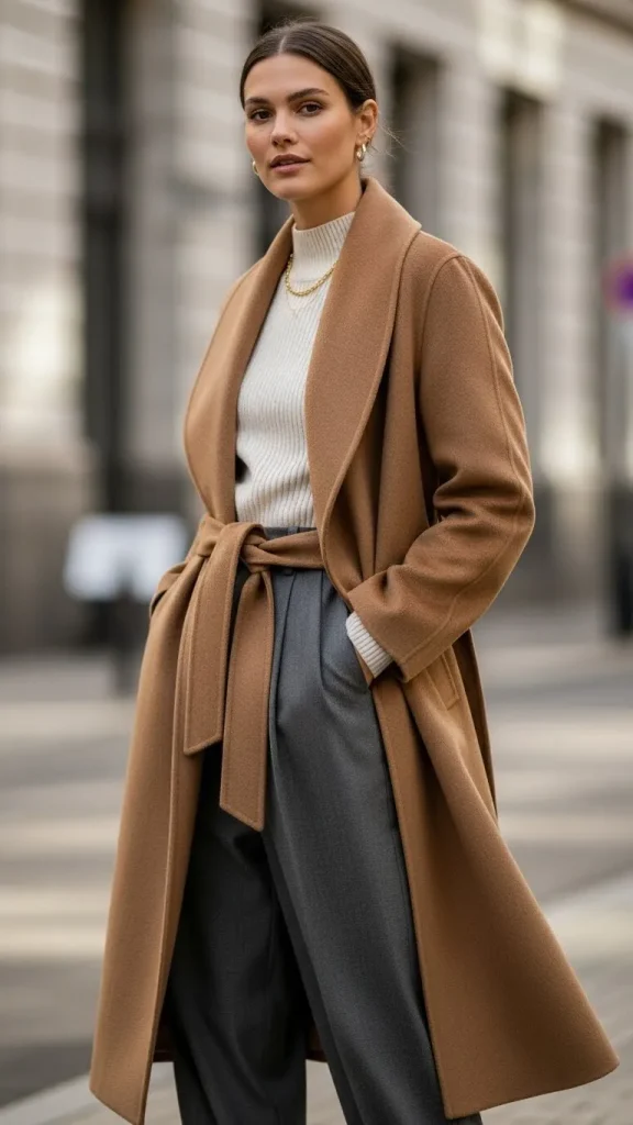 Wool Wrap Coat with Turtleneck and Wide Leg Trousers