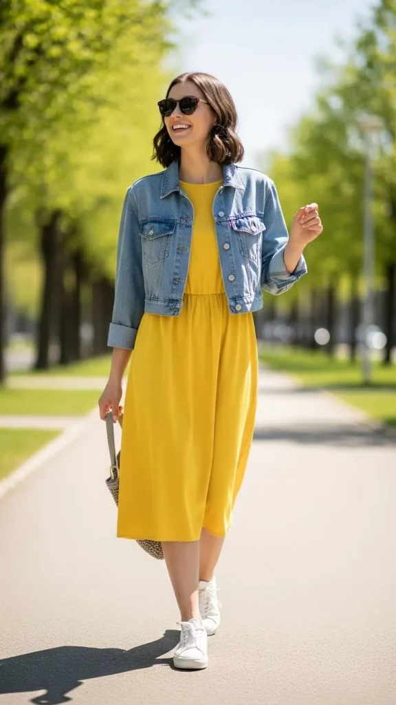 Yellow Dress Outfit with White Sneakers and a Denim Jacket