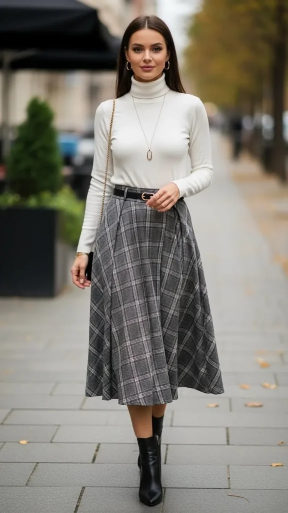 white Turtleneck with a Plaid Midi Skirt and Ankle Boots