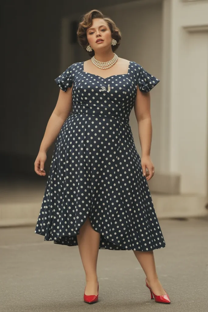16. Plus Size Vintage Inspired Polka Dot Spring Winery Outfit