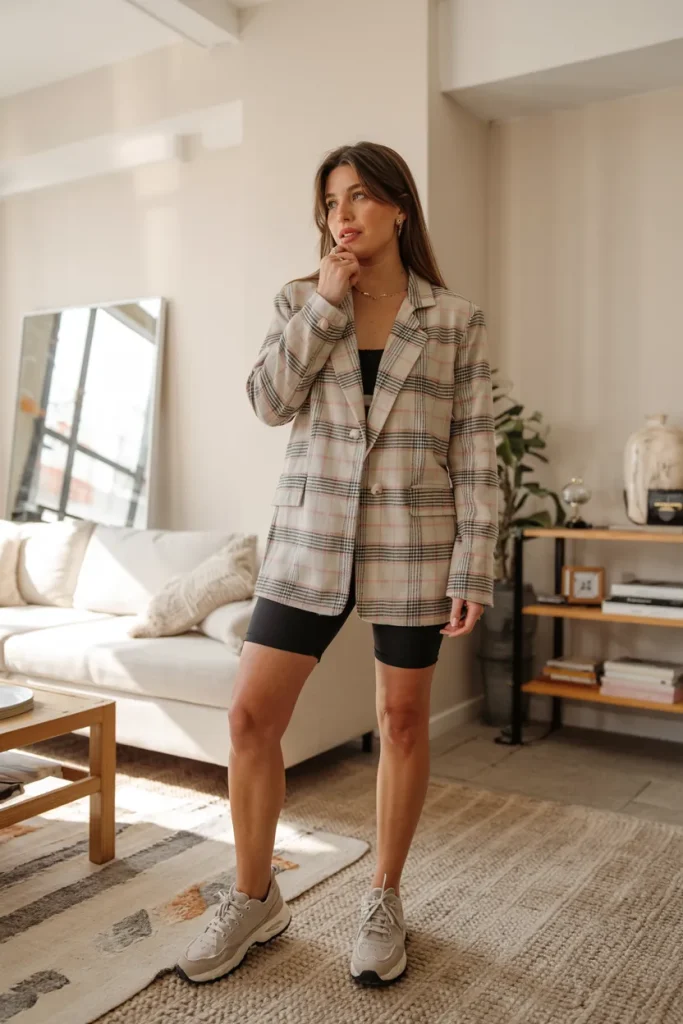 90s NYC It Girl Oversized Plaid Blazer and Bike Shorts Spring Casual