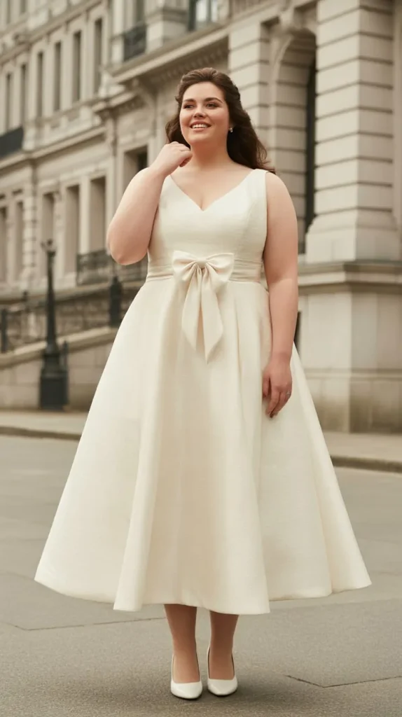 A Line Tea Length Wedding Dress with Bow Detail