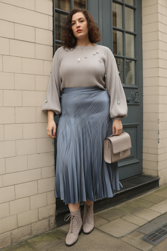 Abstract Smoke blue Silk Midi Skirt With Ribbed Cotton Sweater