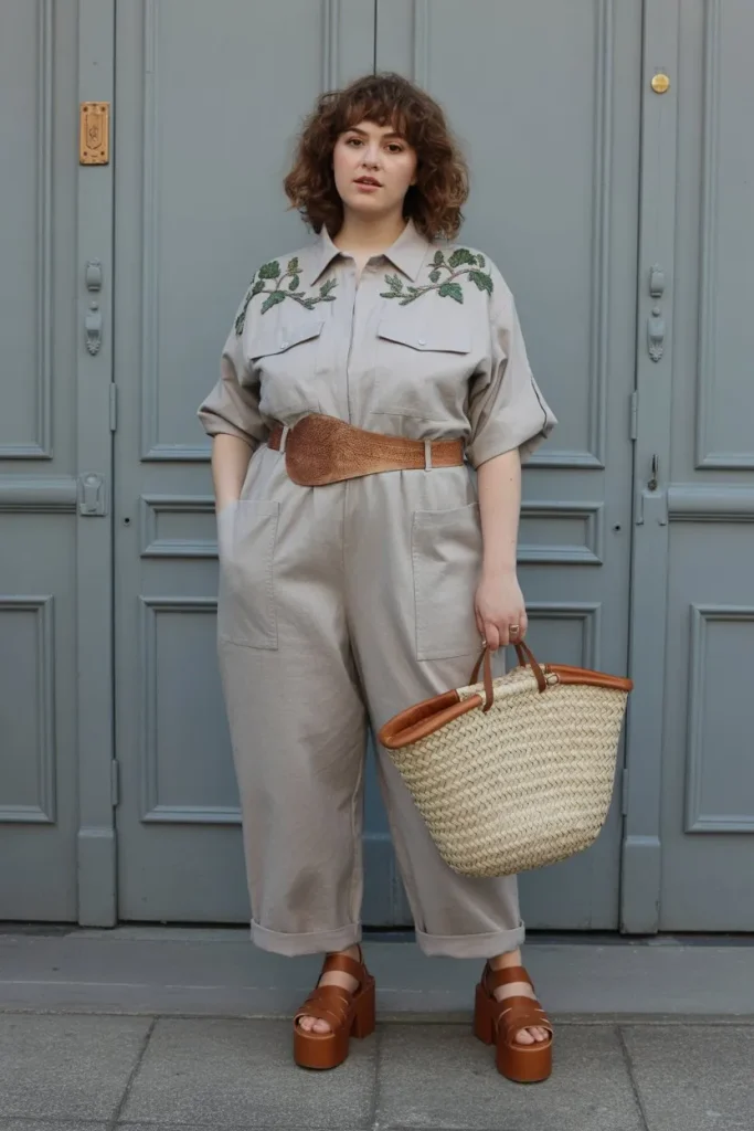 Architectural Cement grey Eco Chic Linen Jumpsuit With Patch Pockets
