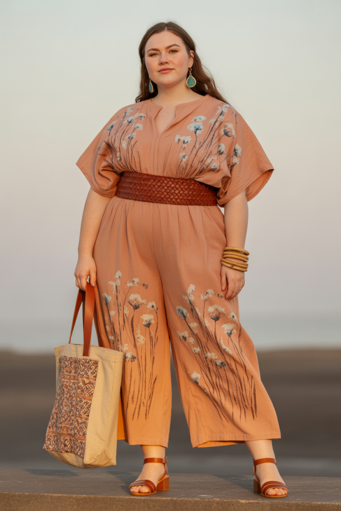 Artistic Bohemian Painted Watercolor Wildflowers Wide leg Cotton Jumpsuit In Terracotta