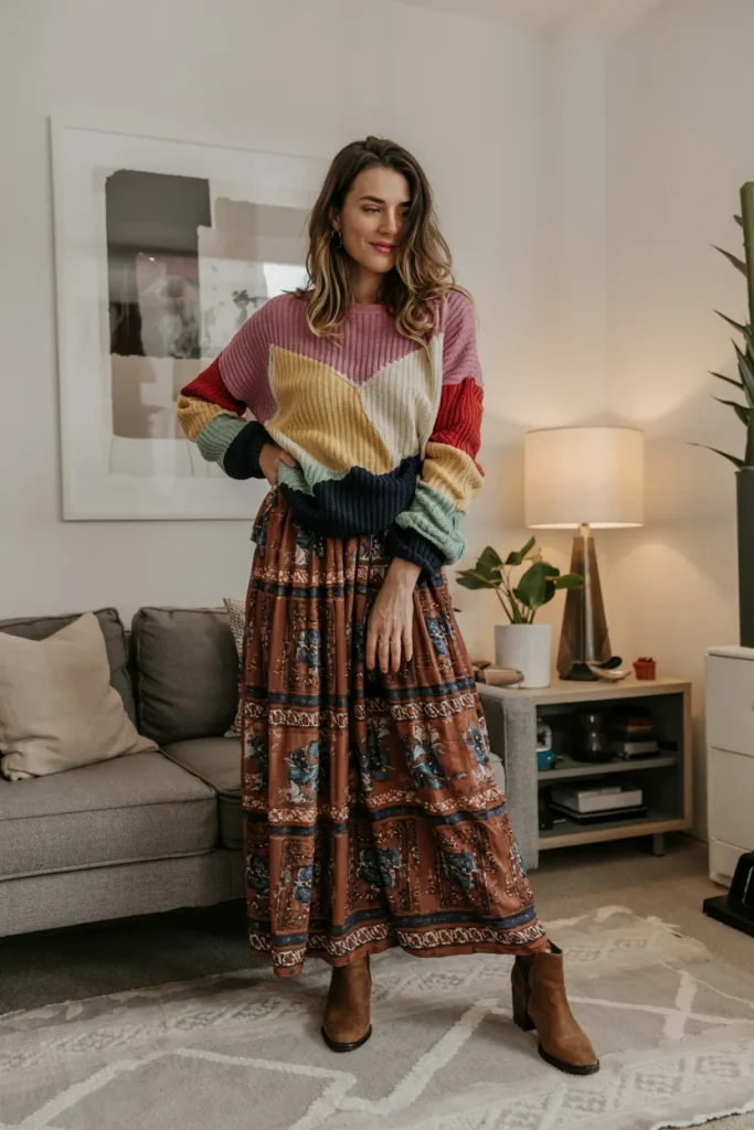 Artsy Brooklyn Gal Colorblock Sweater and Patterned Maxi Skirt Spring Style