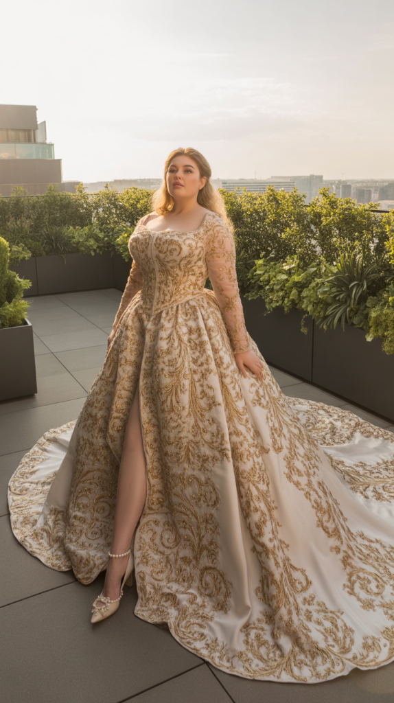 Baroque Inspired Gold Embroidered Cathedral Train Wedding Dress