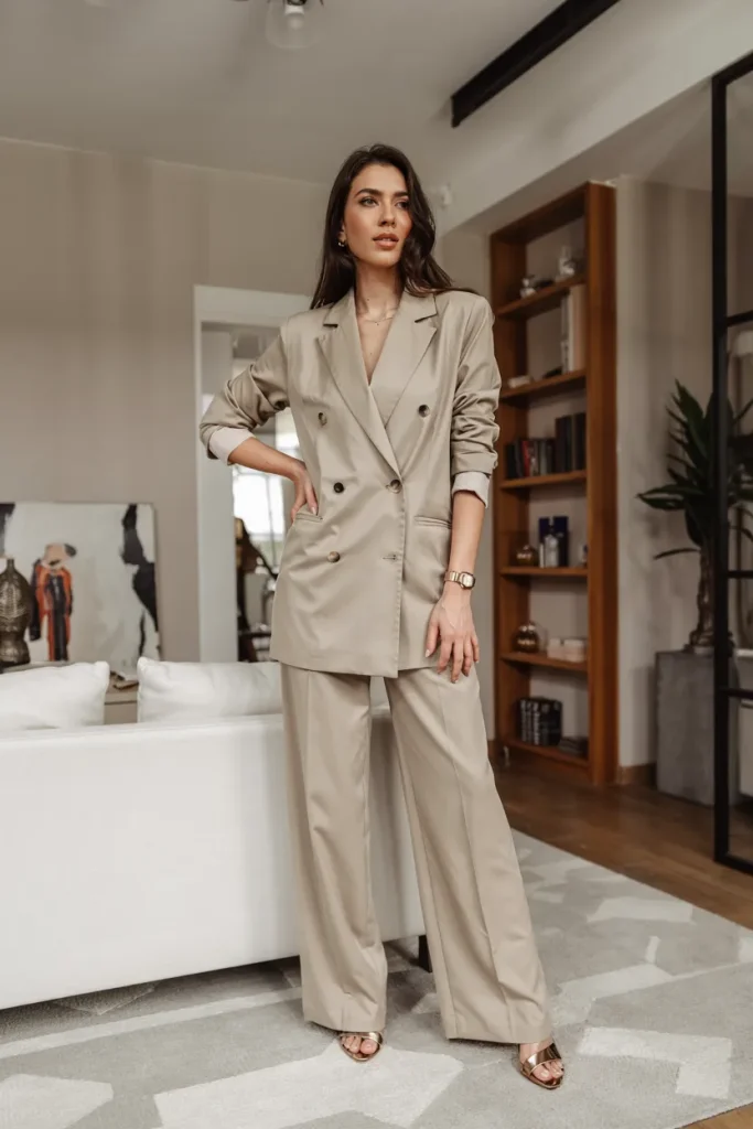 Beige Double-Breasted Blazer with Tailored Wide-Leg Pants