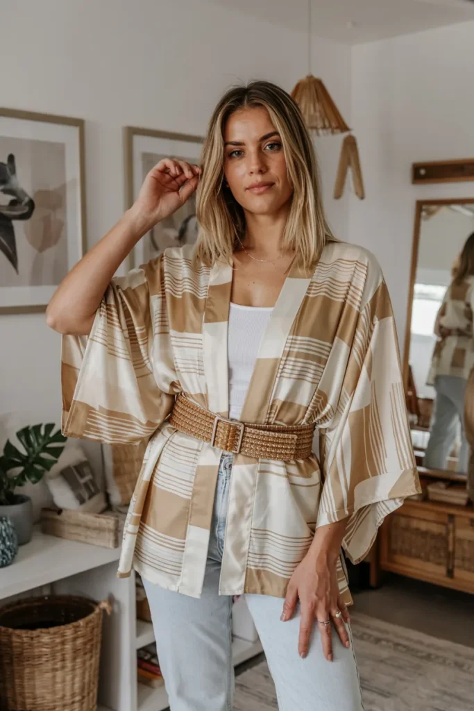 Belted Geometric Print Kimono and White Jeans