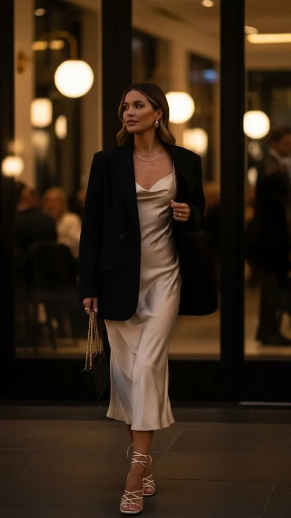 Black Blazer with Silk Slip Dress