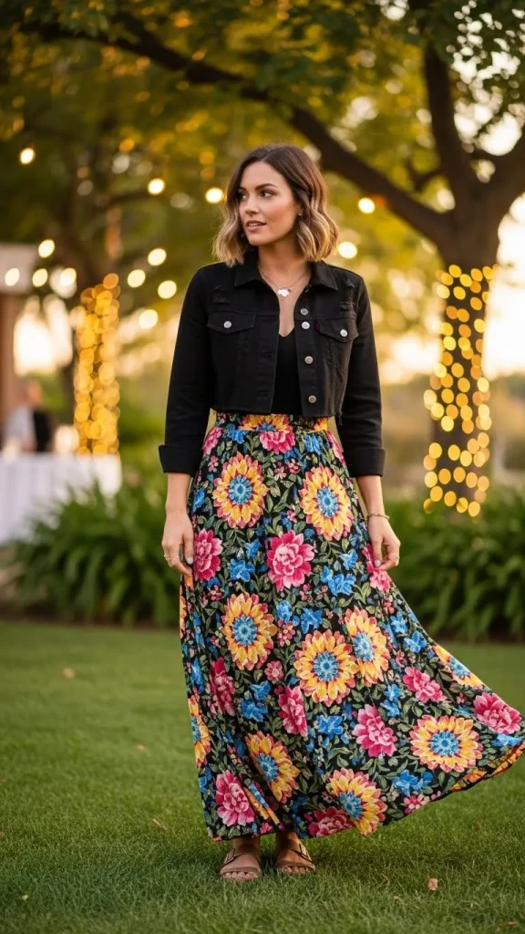 Black Denim Jacket with Floral Maxi Skirt