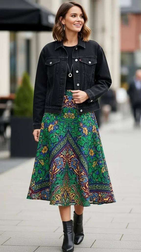 Black Denim Jacket with Printed Midi Skirt