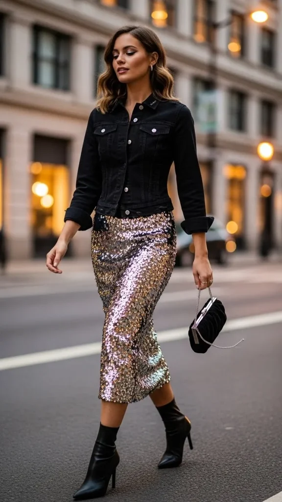 Black Denim Jacket with Sequined Midi Skirt