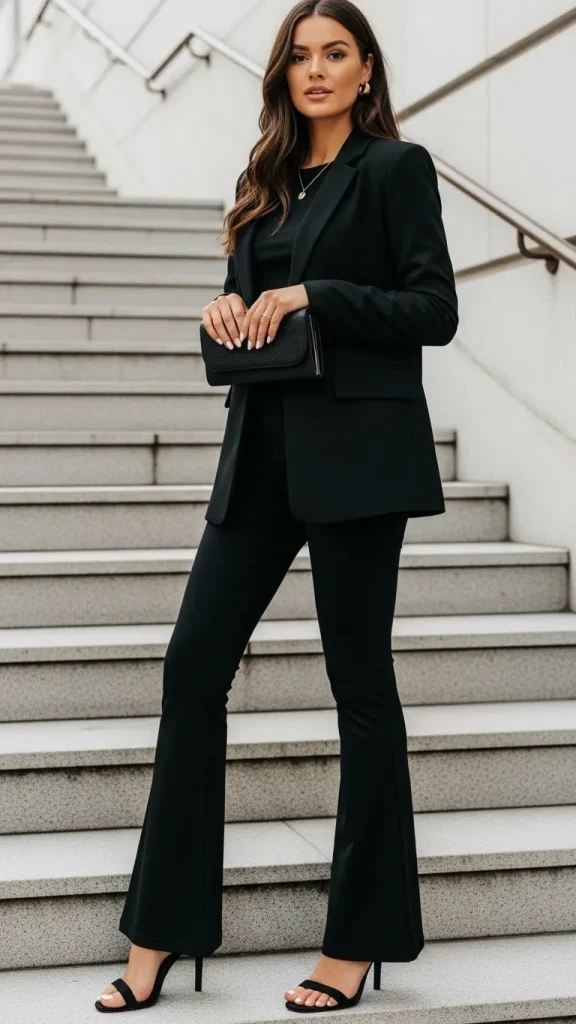 Black Flared Leggings with Blazer Heels